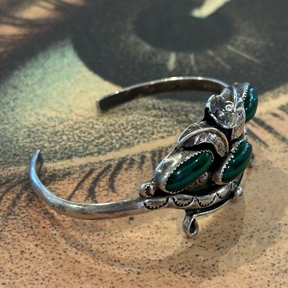 Extraordinary Vintage Old Pawn Sterling Silver Malachite Cuff Bracelet - Picture 7 of 11